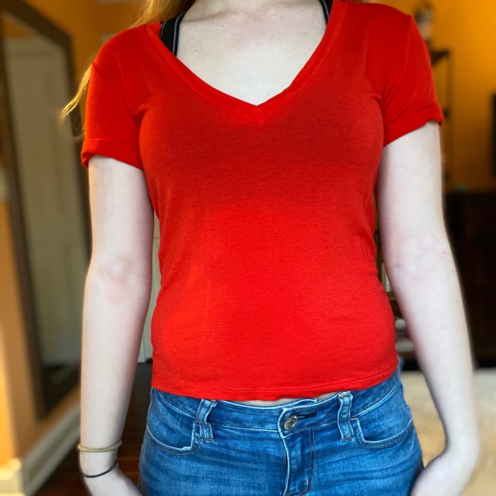 Red cropped v-neck
